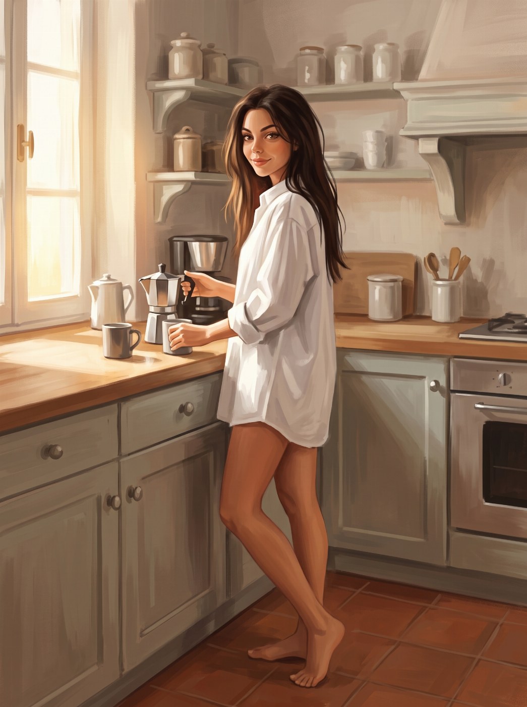 Sofia Storm making coffee in the kitchen in the morning