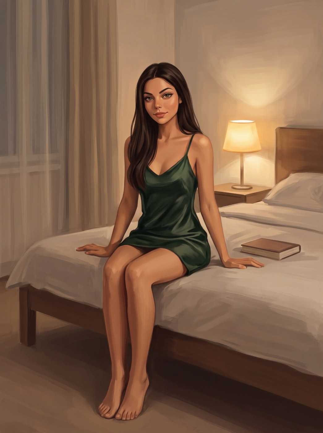 Sofia Storm sitting on the edge of the bed in a dark green slip dress