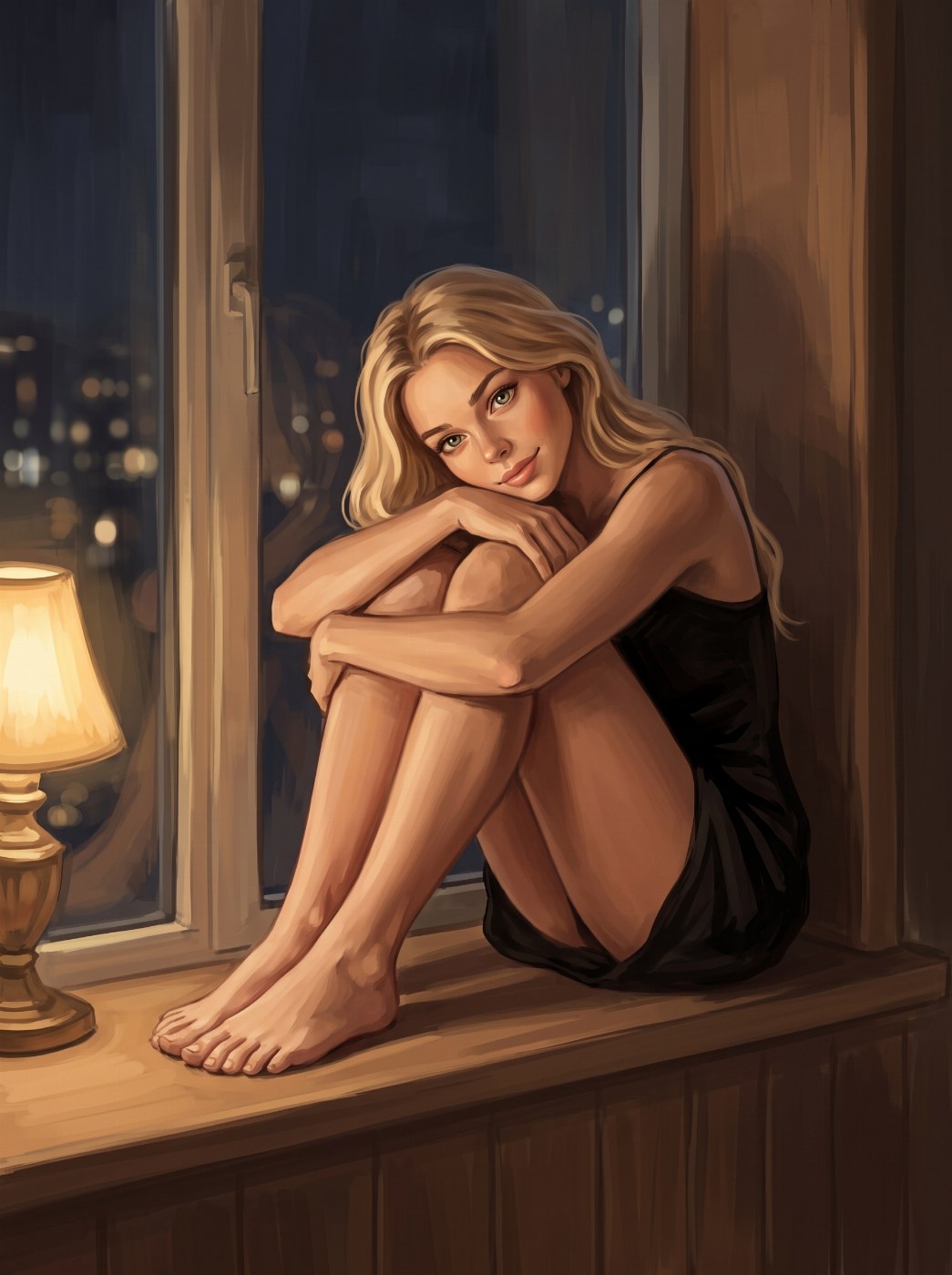 Michelle on a windowsill at night above the city lights