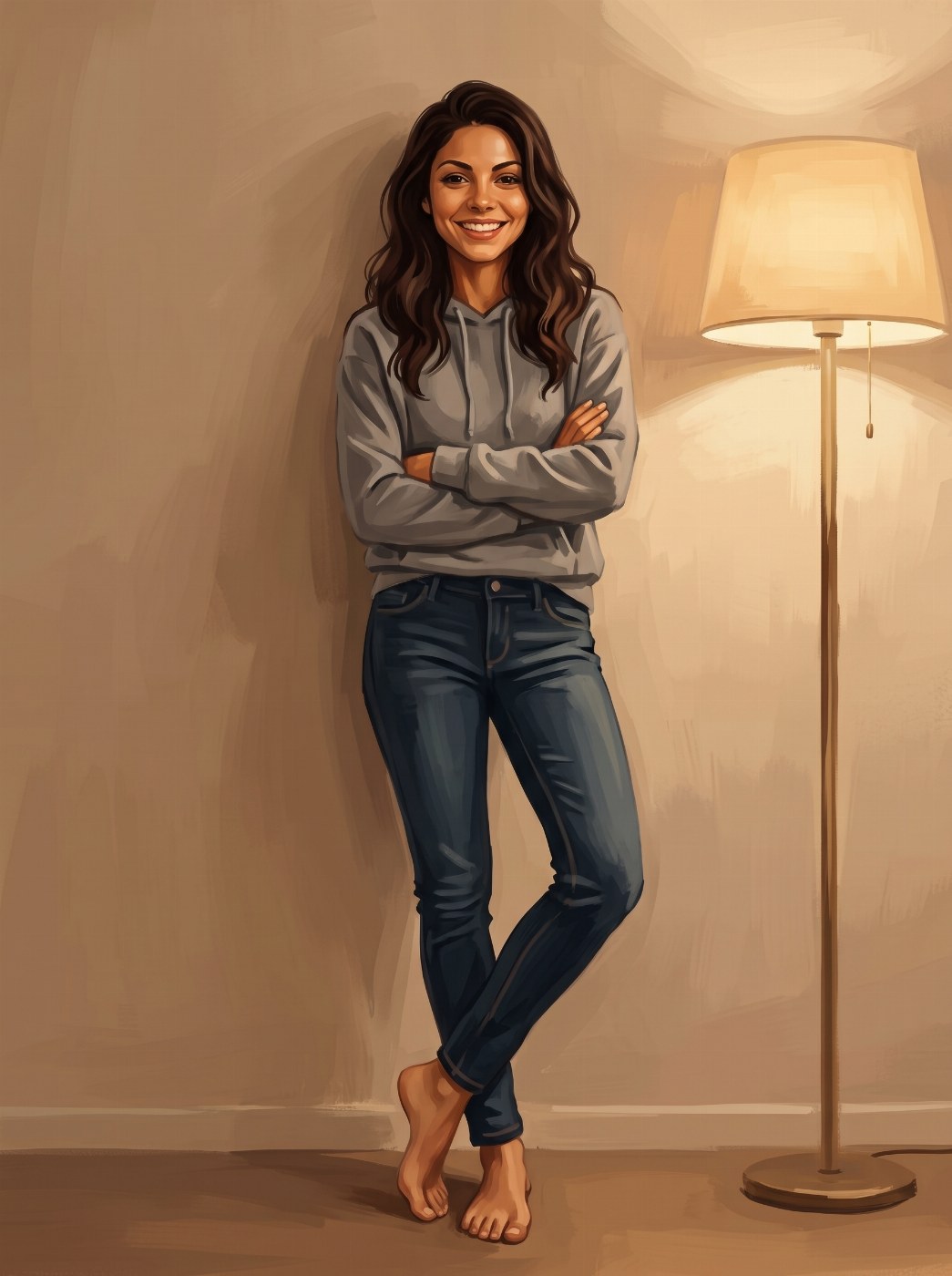 Sofia Swift leaning against the wall in a hoodie and jeans, grinning