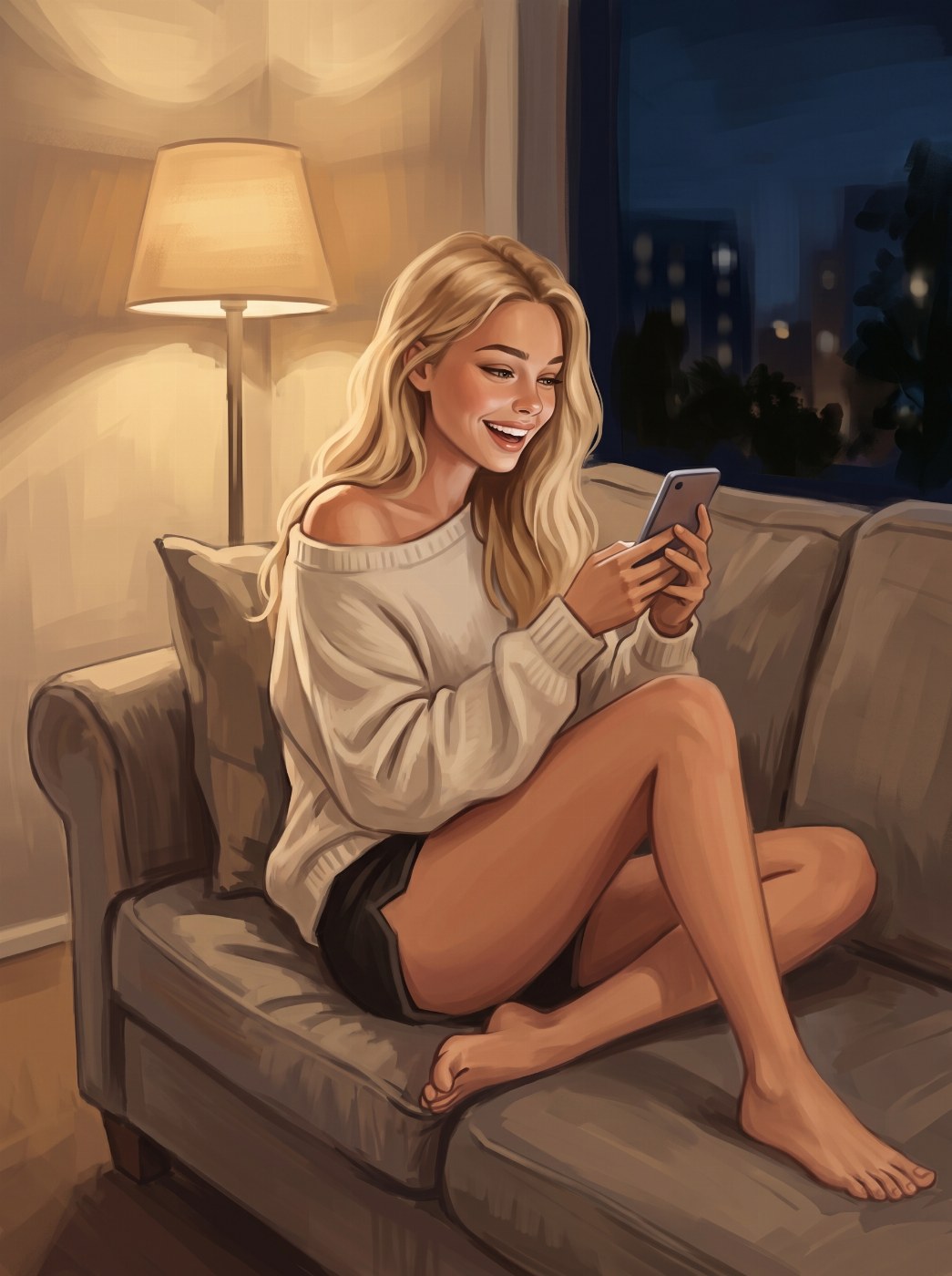 Michelle laughing at her phone on the sofa in the evening