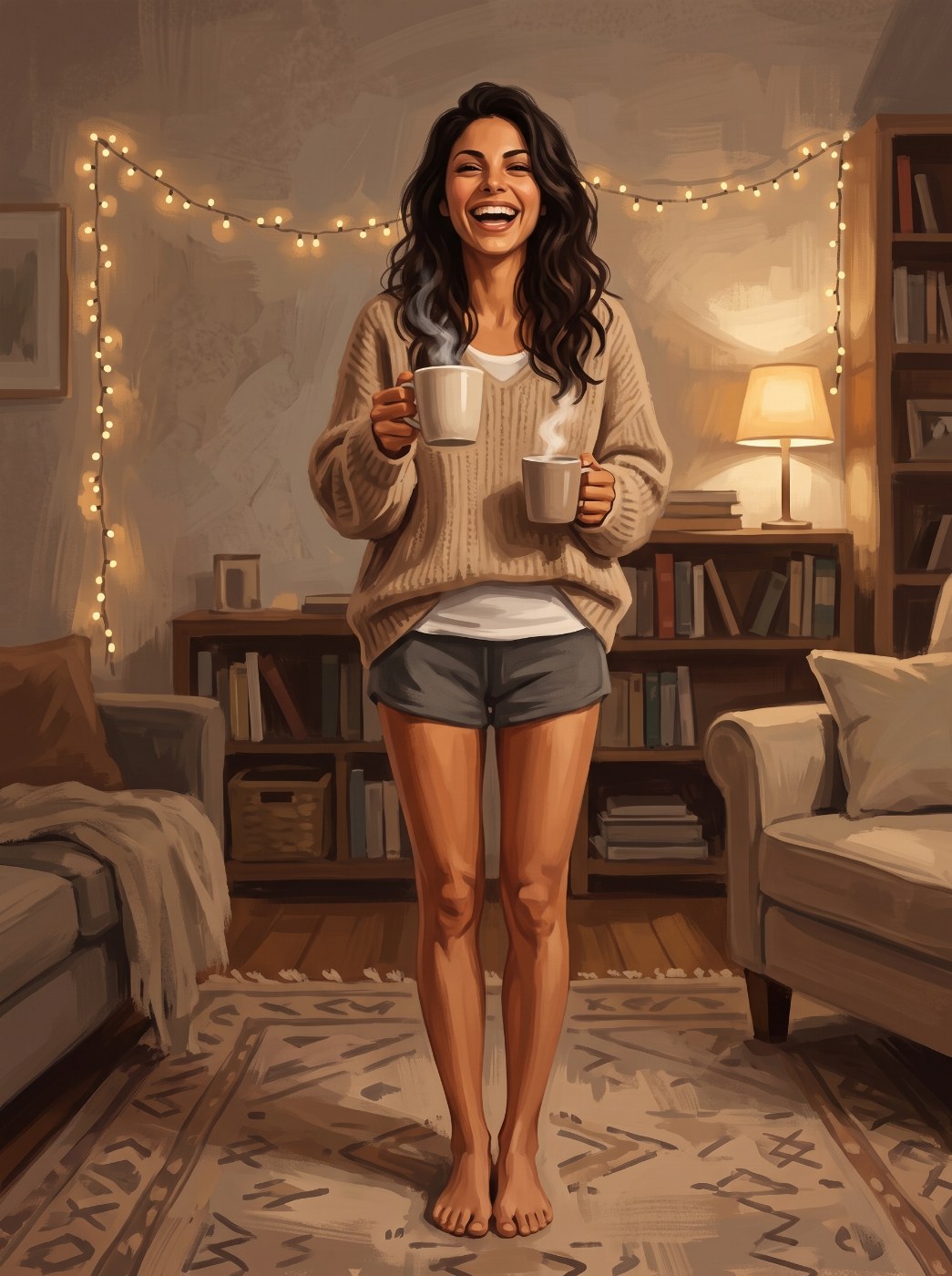 Sofia Swift laughing, holding out one of two mugs of tea