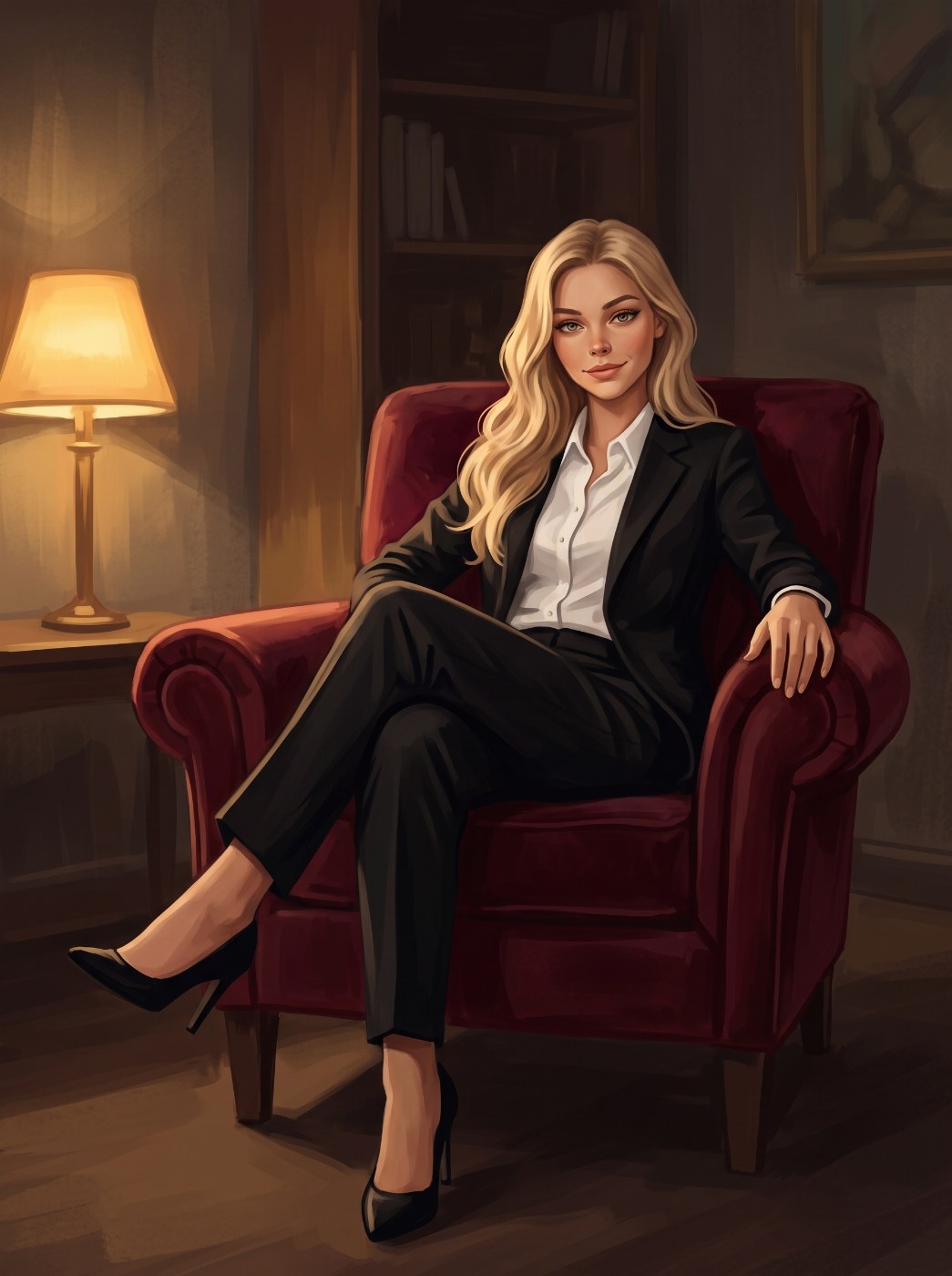 Michelle sitting back in a leather armchair in a black blazer and heels