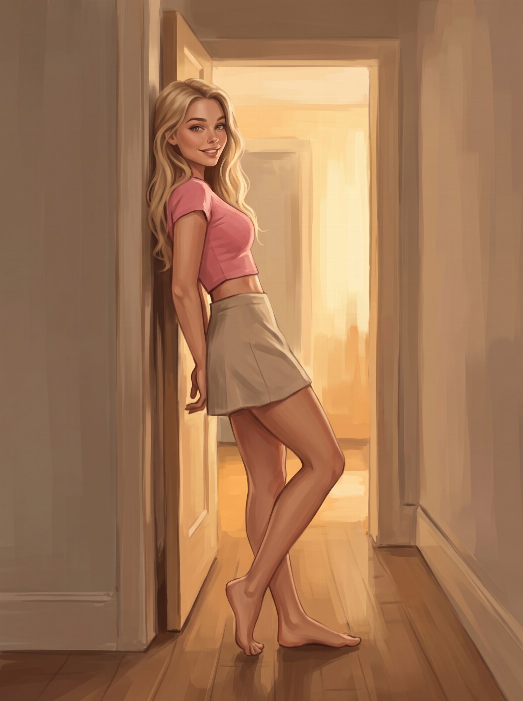 Michelle leaning in a doorway, grinning over her shoulder