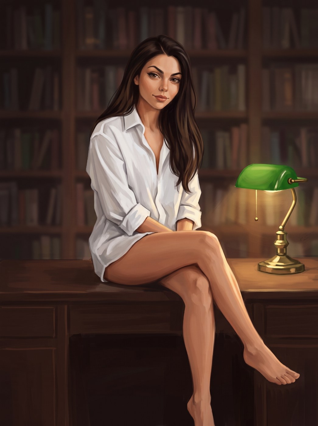 Sofia Storm sitting on a desk in an oversized white shirt
