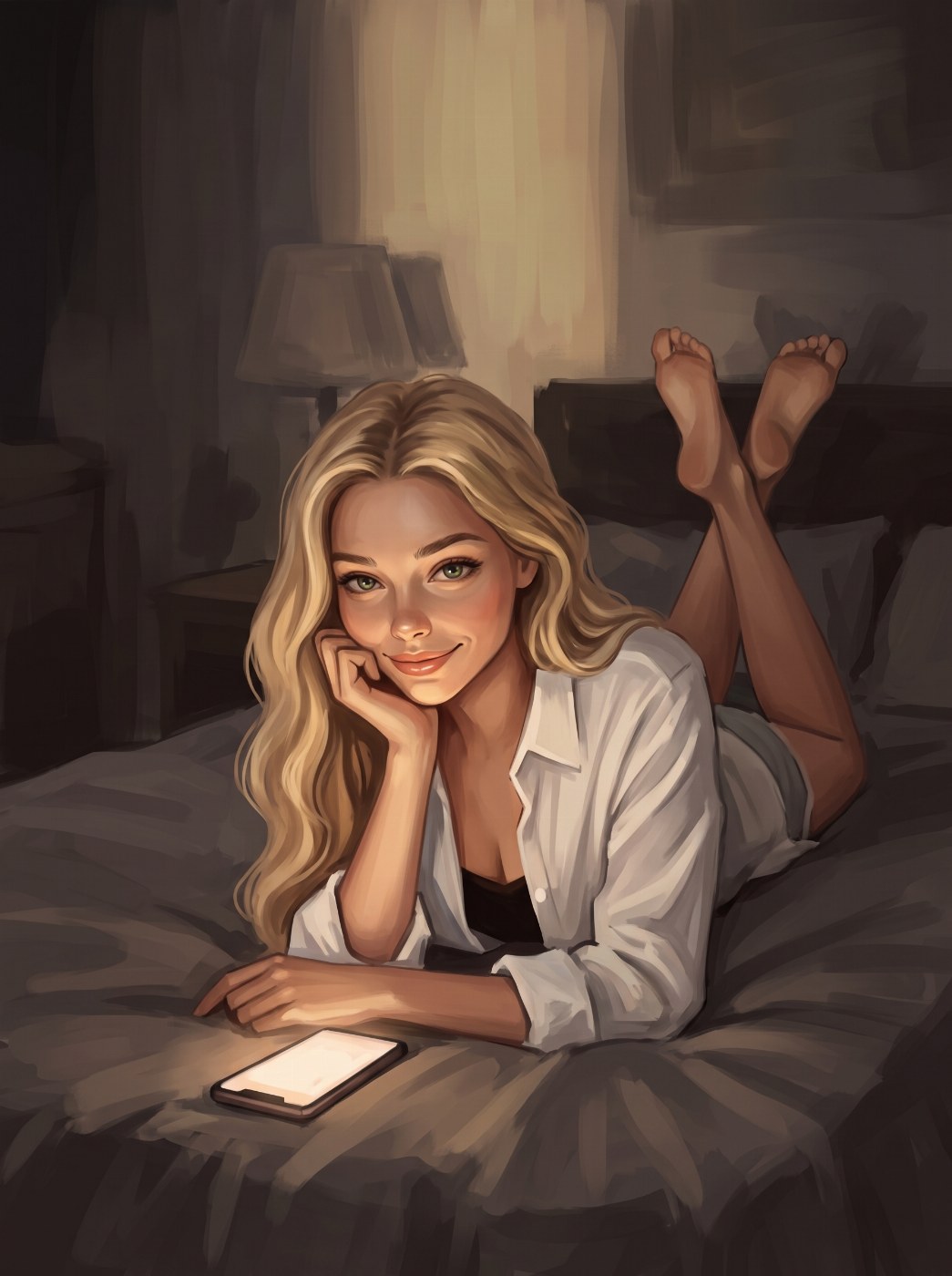 Michelle lying on her front on the bed, her face lit by her phone