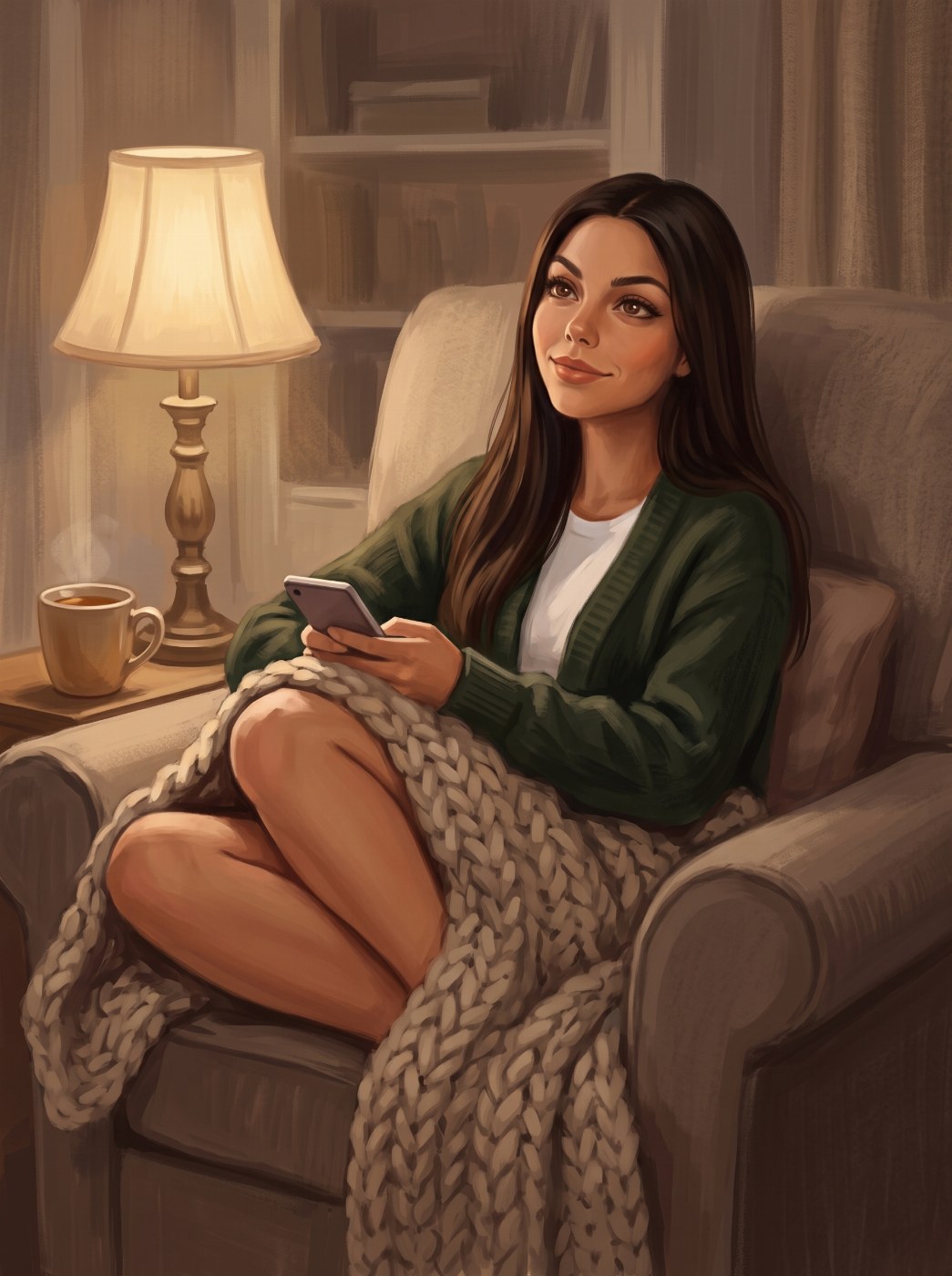 Sofia Storm curled up in an armchair with a mug of tea and her phone