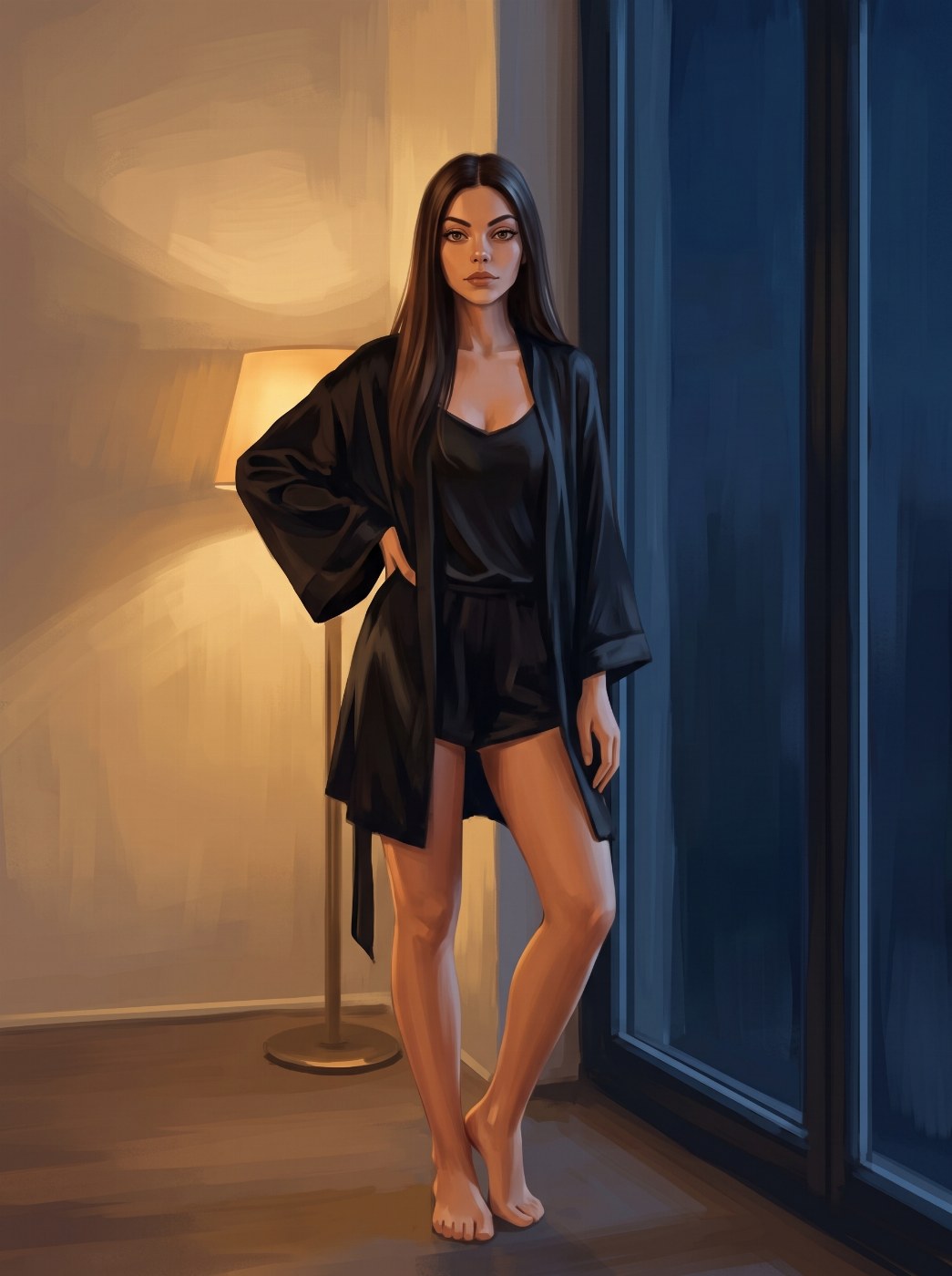 Sofia Storm at a dark window at night in a black silk robe