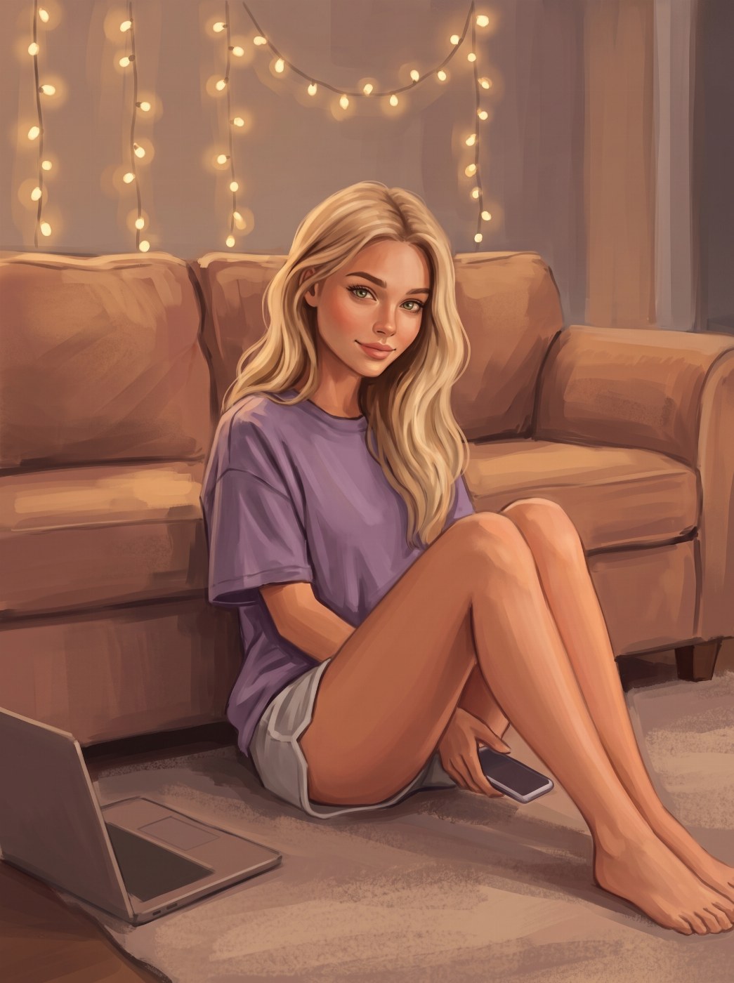 Michelle sitting on the floor against the sofa with her phone