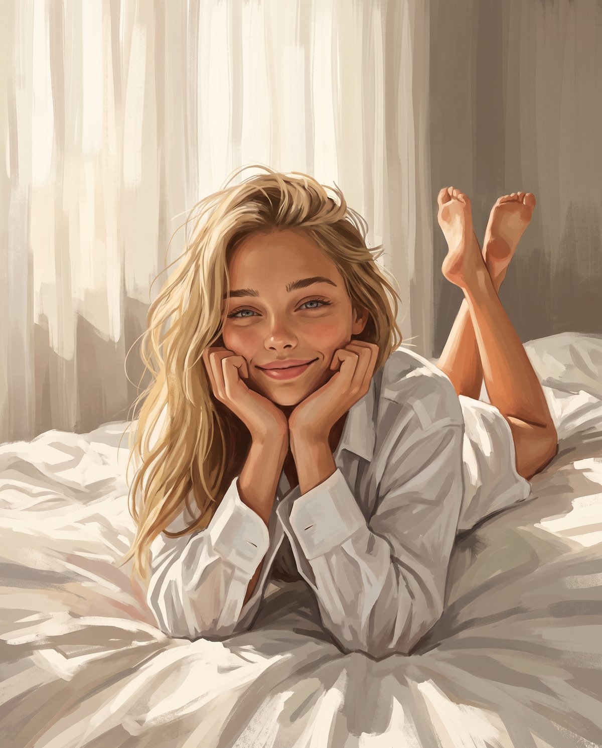 Michelle in bed in the morning wearing an oversized shirt