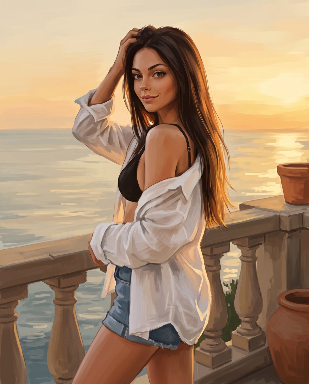 Sofia Storm on a balcony above the sea at sunset