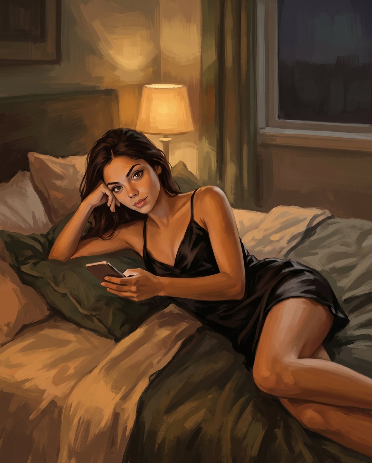 Sofia Storm on the bed in a black slip dress, reading her phone